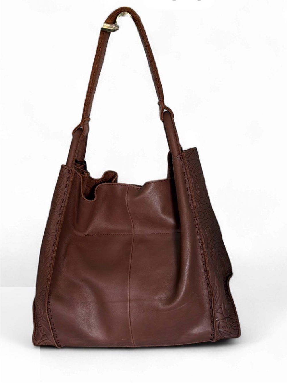 The Sak Los Feliz Large Brown Leather Tote Bag with Tassel Embossed - Picture 3 of 7